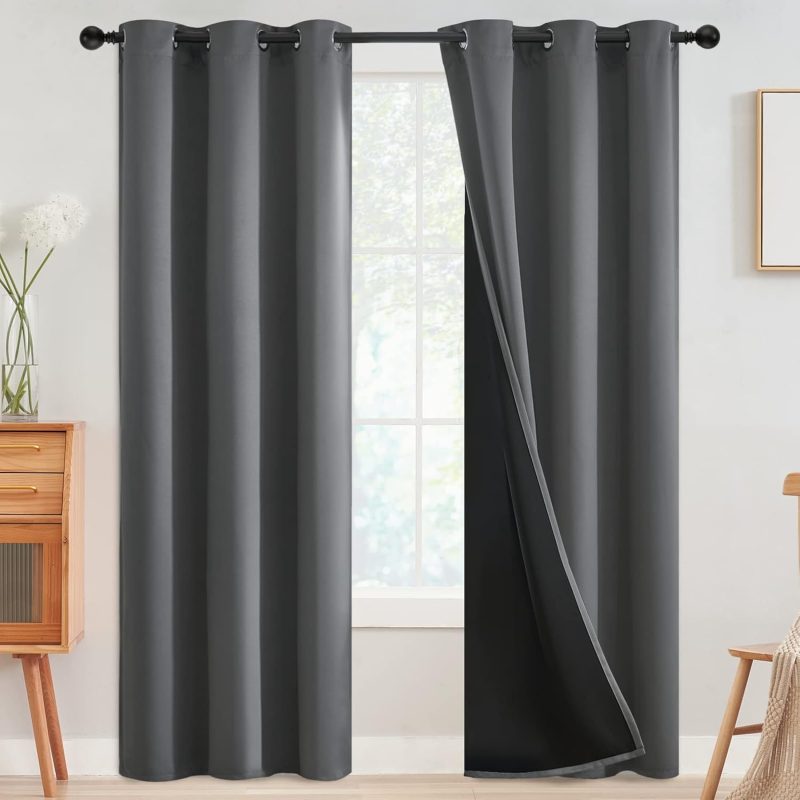 100% Blackout Curtains, Thermal Insulated Grommet Window Drapes, Room Darkening Grey Curtains with Black Back, 42 x 84 Inch, 2 Panels