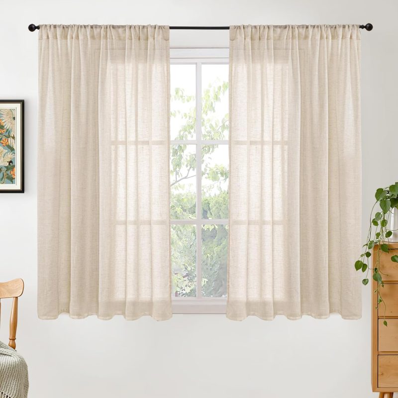 Natural Linen Curtains, 48 Inch Length, Light Filtering, Rod Pocket, 2 Panels Set, 42 Inch Wide Each Panel