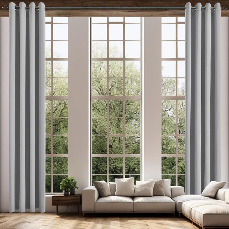 Extra Long Thermal Insulated Solid Grommet Curtains, 52W x 120L Inches, Light Gray, Set of 2