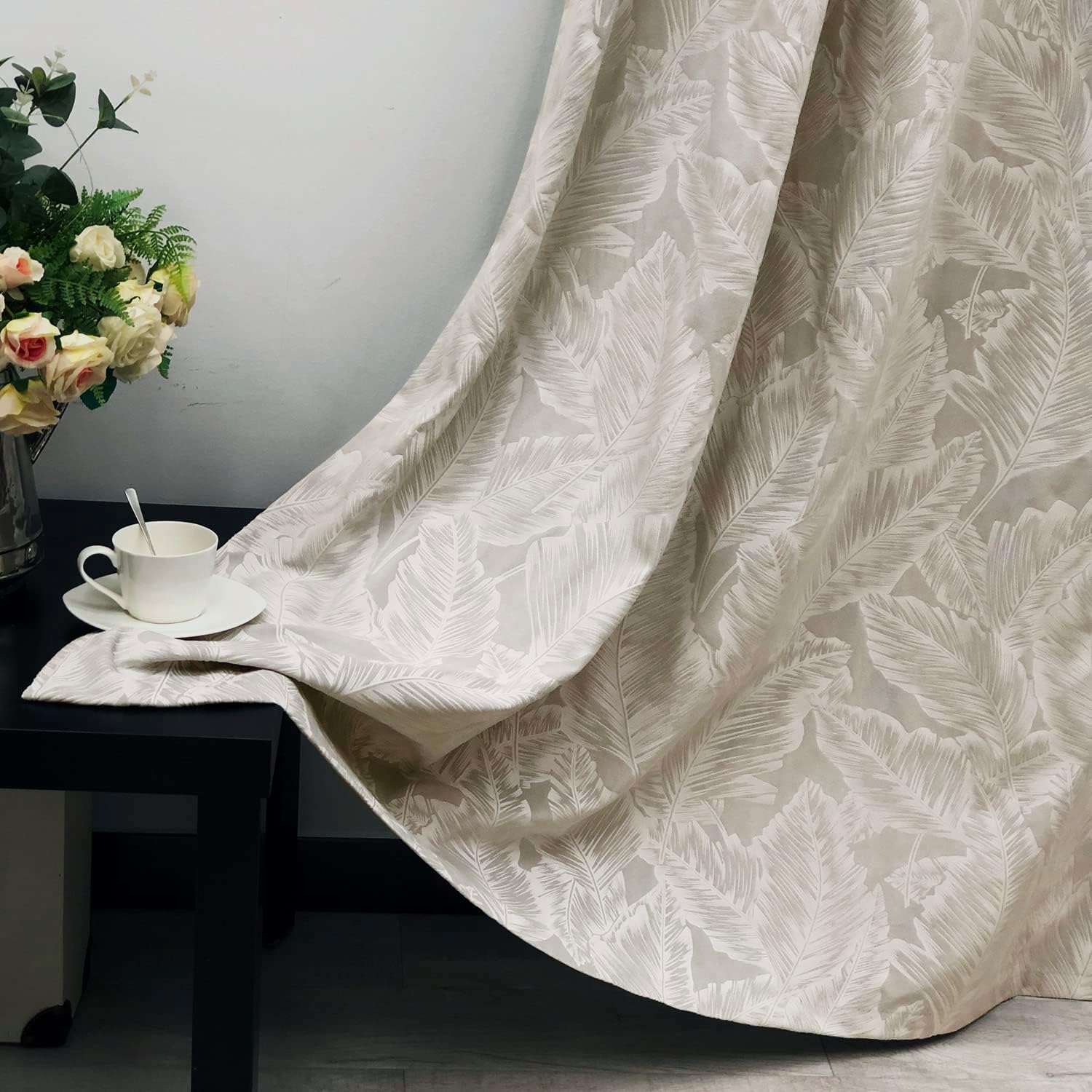 Banana Leaves Floral Velour Drapes 2 Panels Beige 52x108 Inches - Image 2
