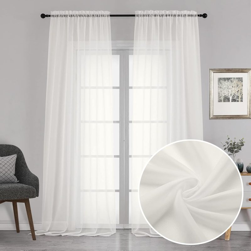 Sheer Curtains 120 Inch Extra Long, 2 Panels, Rod Pocket Voile Window Panels for Living Room/Bedroom, 42W x 120L, Ivory