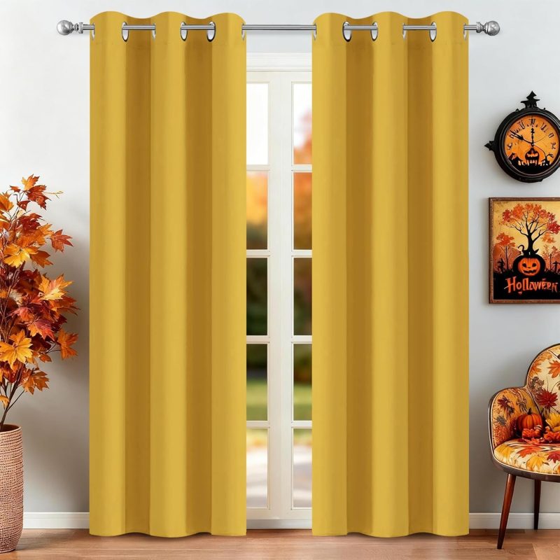 Mustard Yellow Grommet Curtains, Blackout Thermal Window Panels, 38x84 Inch, 2 Panels
