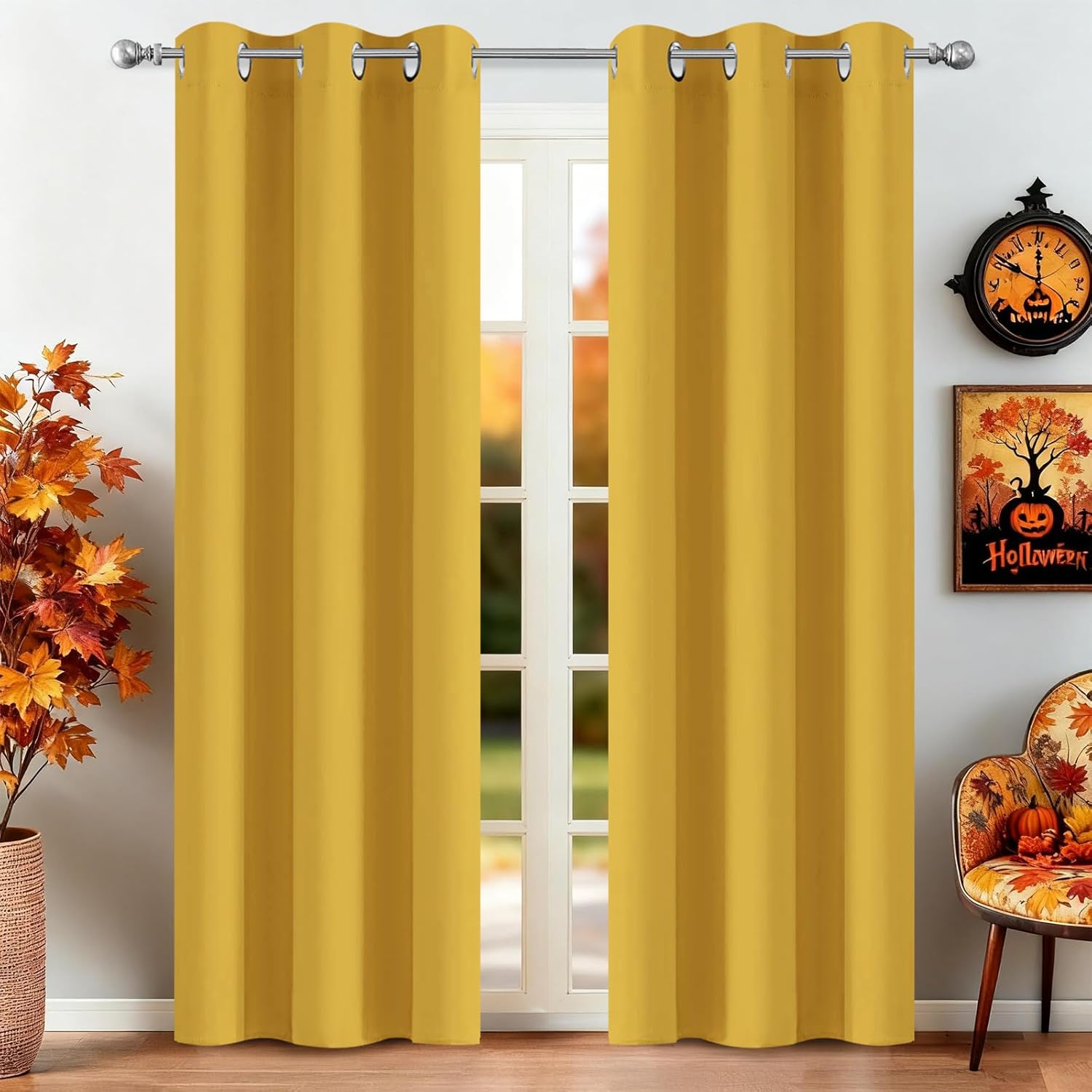 Mustard Yellow Grommet Curtains, Blackout Thermal Window Panels, 38x84 Inch, 2 Panels