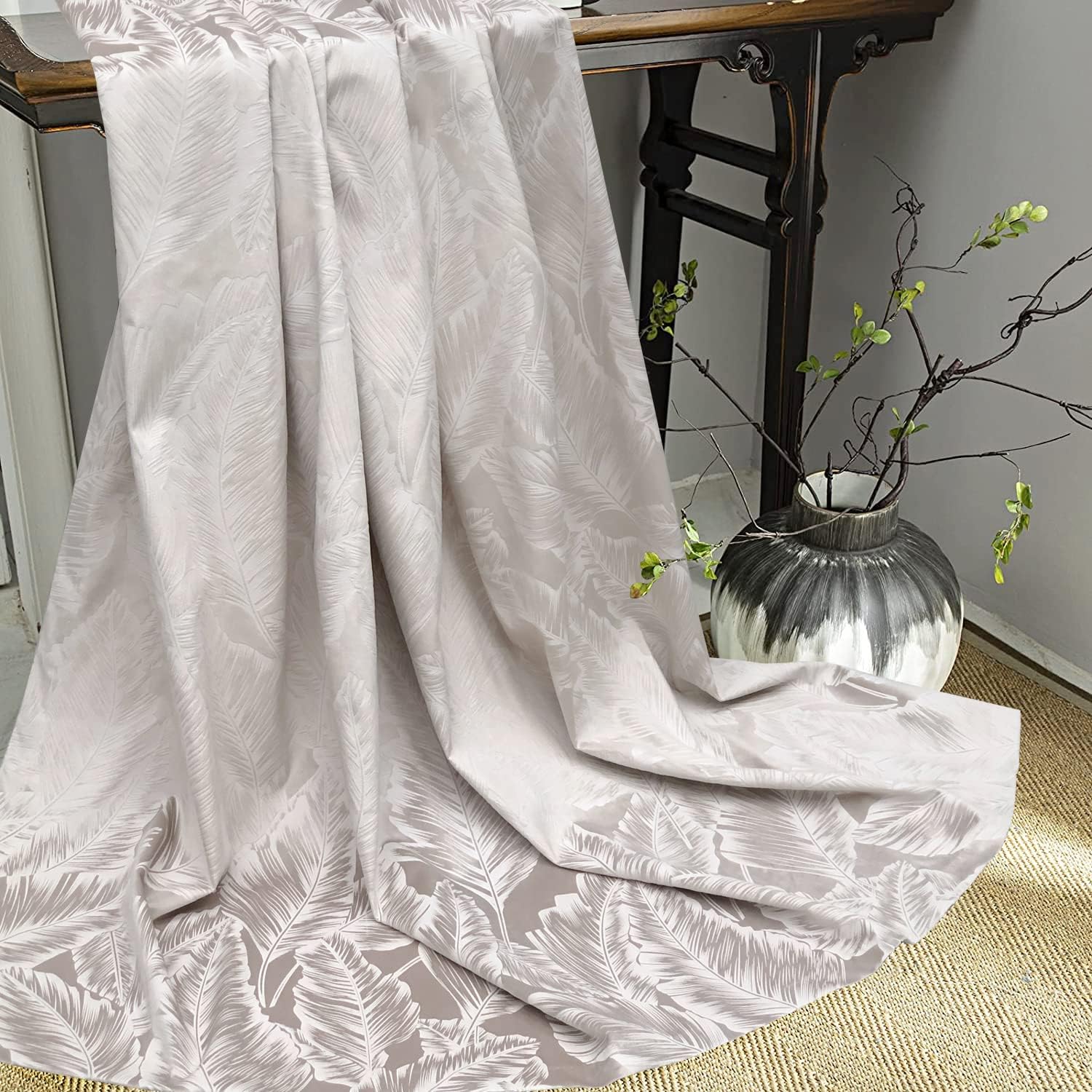Banana Leaves Floral Velour Drapes 2 Panels Beige 52x108 Inches - Image 3