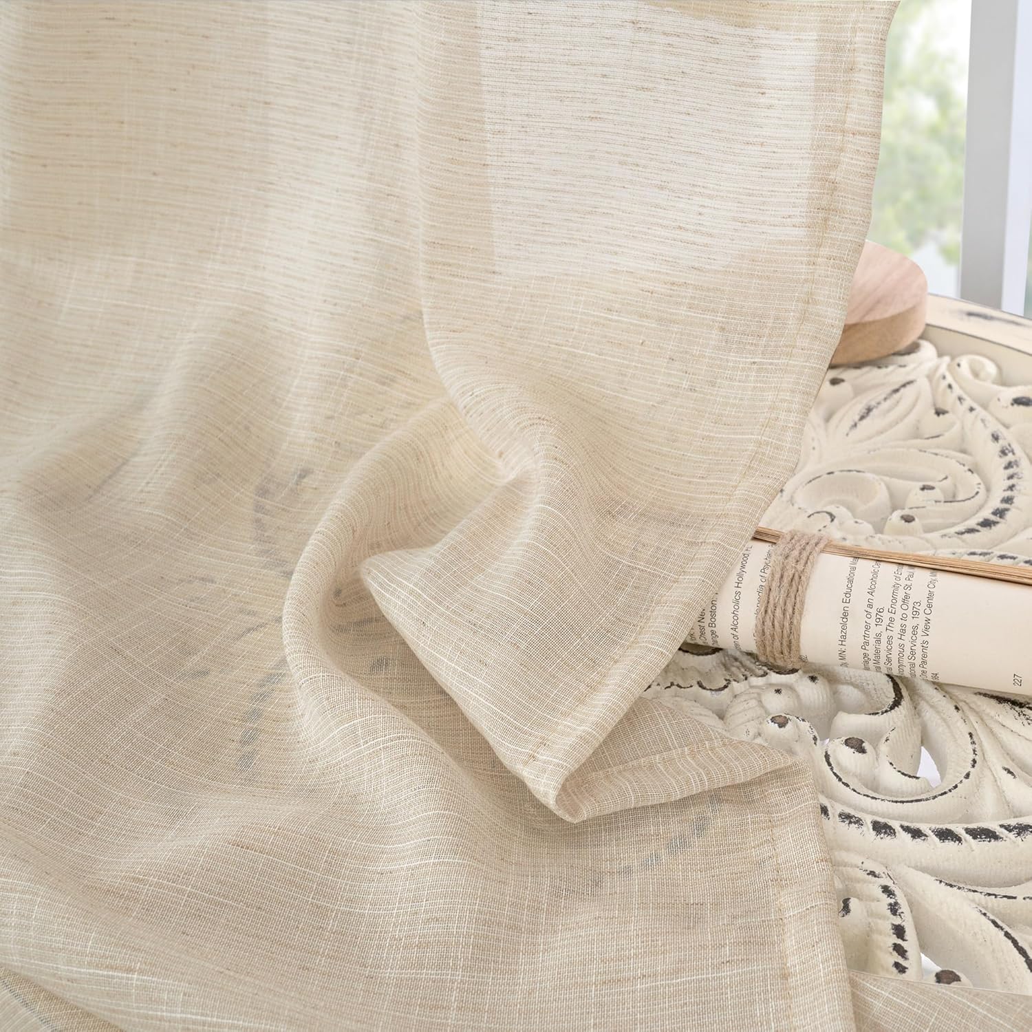 Natural Linen Curtains, 48 Inch Length, Light Filtering, Rod Pocket, 2 Panels Set, 42 Inch Wide Each Panel - Image 3