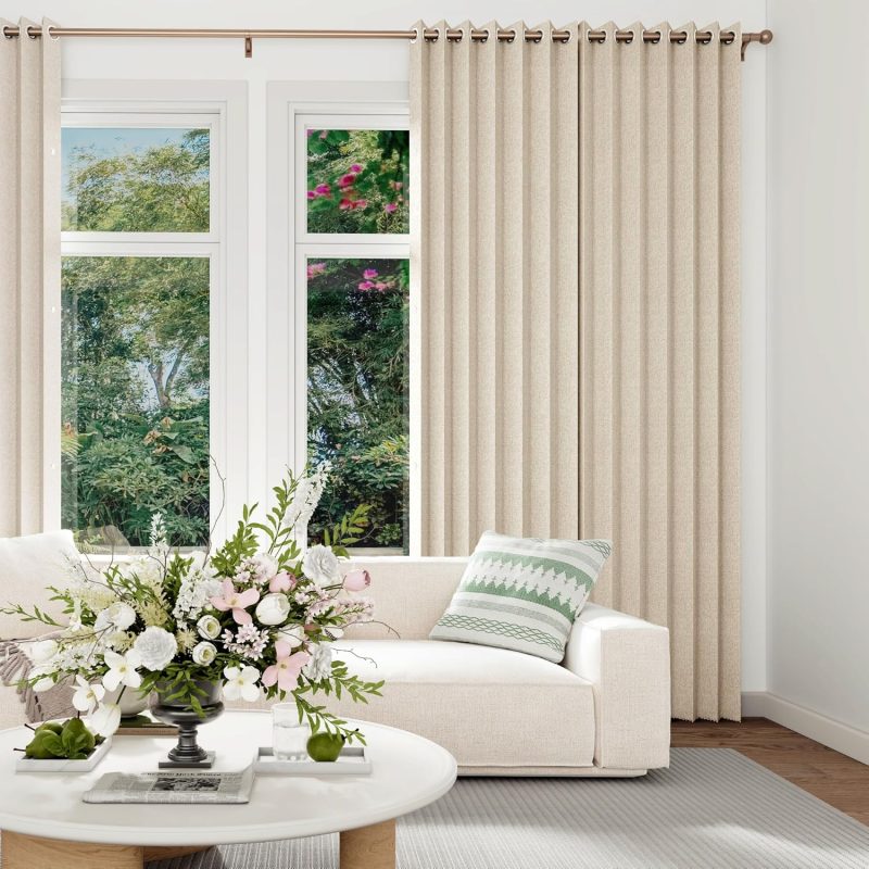 Full Blackout Faux Linen Blend Pinch Pleated Curtain, 52x84 Inches, Sand, 1 Panel